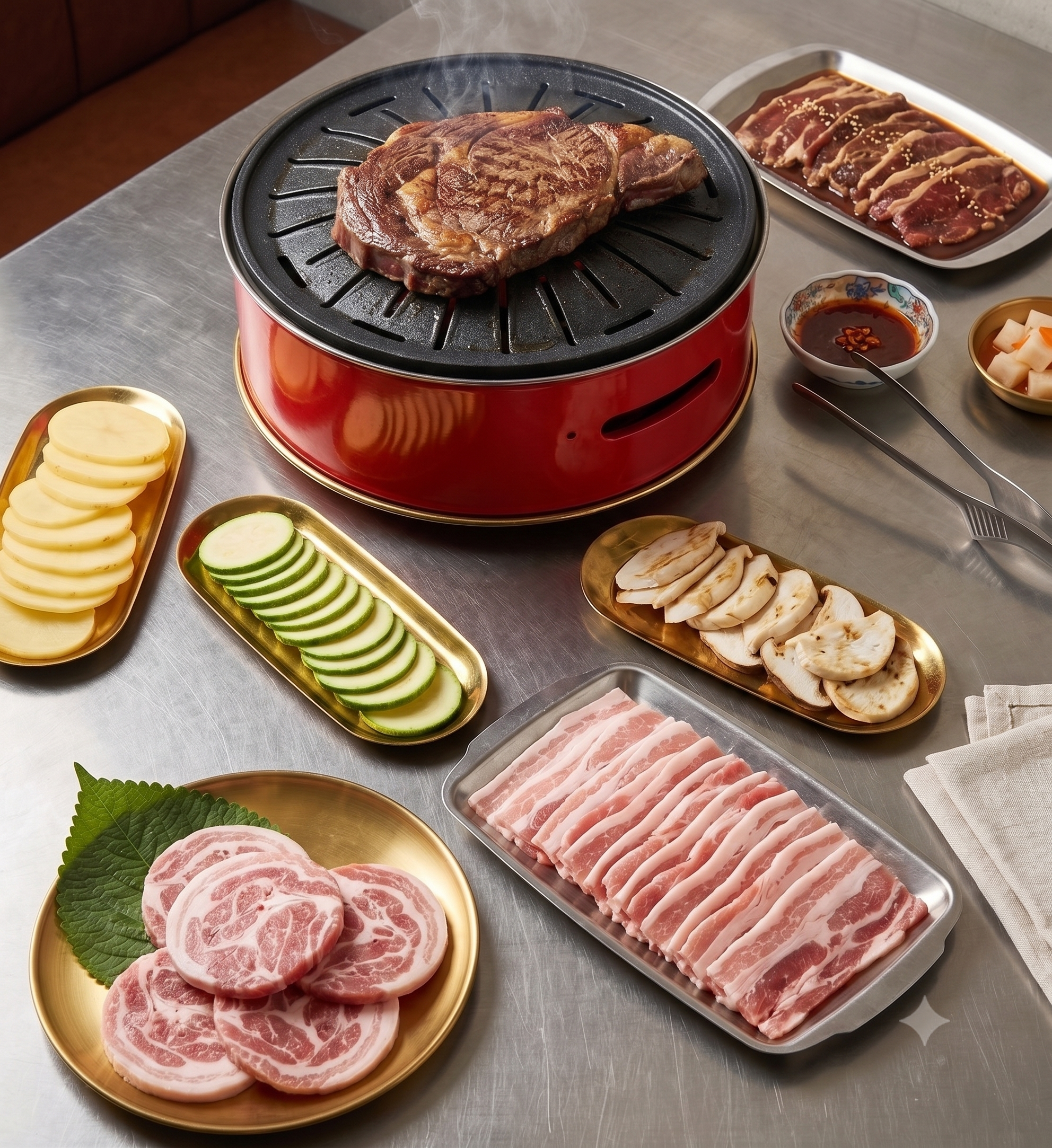 Meat grilling on volcanic rock hot plate